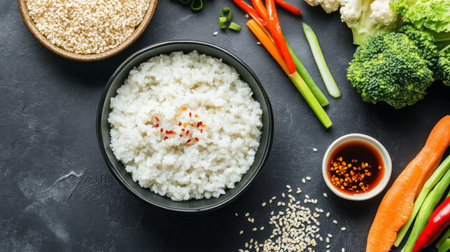 This image showcases a bowl of white rice surrounded by vibrant vegetables, sesame seeds, and soy sauce, perfect for health-conscious cooking enthusiasts.の素材