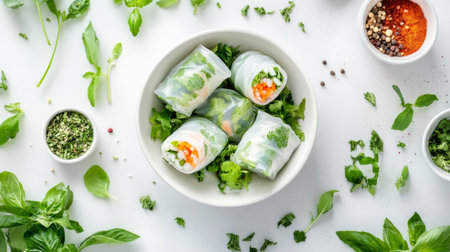 Vibrant spring rolls filled with fresh vegetables, served in a bowl. The image showcases herbs and spices arranged artistically, emphasizing healthy eating.の素材