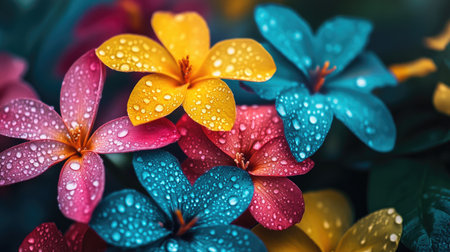 A beautiful composition of assorted flowers with droplets of rain resting on their colorful petals, showcasing the vibrant palette of nature after a stormの素材