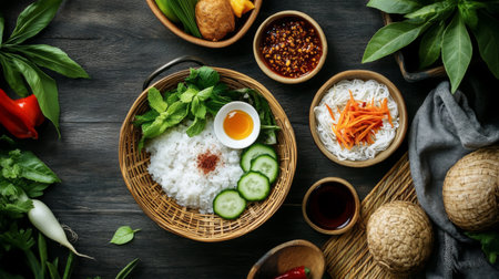 A vibrant display of freshly prepared Vietnamese cuisine featuring rice, herbs, and spices, showcasing a perfect medley of traditional flavors and fresh ingredients.の素材