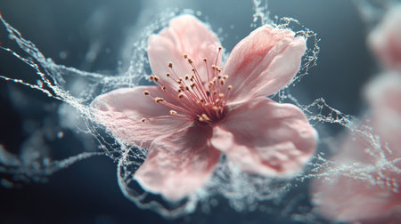 A beautiful macro shot of a cherry blossom with soft pink petals and fine textures, capturing the delicate beauty of springtime flowers.の素材