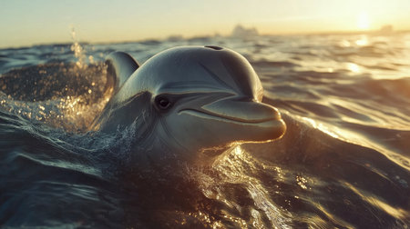 A close-up shot of a dolphin's face breaking the surface of the water, with its intelligent eyes and smooth skin glistening in the sunlight.の素材