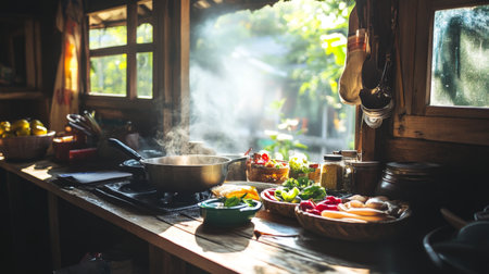 A cozy kitchen scene showcasing fresh vegetables and herbs, with a steaming pot on the stove. Natural light enhances the warm ambiance, inviting culinary creativity.の素材