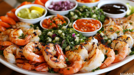 A vibrant presentation of a fresh grilled shrimp platter, beautifully arranged with various dipping sauces, fresh vegetables, and garnishes, ideal for any gathering.の素材