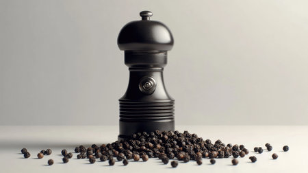 A close-up of a classic pepper grinder with whole black peppercorns spilling out onto a white surface, highlighting its use in cooking and seasoning.の素材