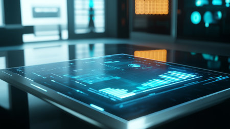 A sleek, futuristic interface showcasing vibrant data visualizations on a smooth surface, perfect for technology and analytics themes in modern workspace environments.の素材