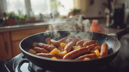 This image captures sausages sizzling with vegetables in a skillet, releasing steam and creating a cozy kitchen atmosphere. A perfect representation of comfort food.の素材