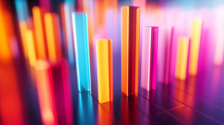 A vibrant arrangement of glowing neon bars creates an abstract visual display. The colorful lights reflect off surfaces, adding energy and depth to any modern design.の素材