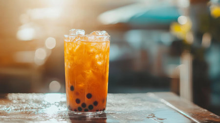 A vibrant iced beverage with tapioca pearls, served in a clear glass. Perfect for summer days, this refreshing drink offers a delightful and sweet flavor.の素材