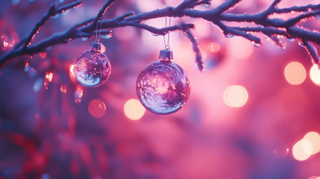 A close-up of festive Christmas ornaments hanging from a tree branch, capturing the sparkle and reflections of lights in a magical holiday settingの素材