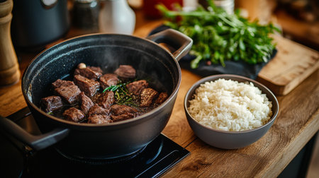 A rich beef dish simmering in a pot, bathed in savory aromas, paired with fluffy rice, showcasing a cozy kitchen atmosphere perfect for home cooking.の素材