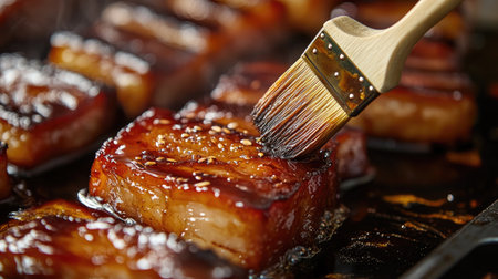 A close-up of pork belly being glazed with a sweet and savory sauce, with a brush in hand, highlighting the cooking process and the mouthwatering flavors about to be revealed.の素材
