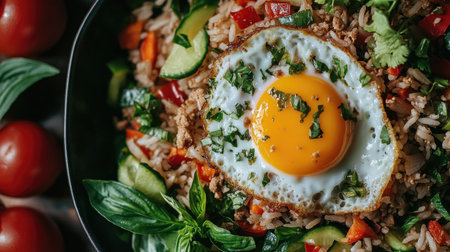 A close-up of a delicious serving of Thai basil fried rice, with a crispy fried egg resting on top, surrounded by fresh vegetables and herbs, showcasing the beauty of homemade Thai cuisine.の素材