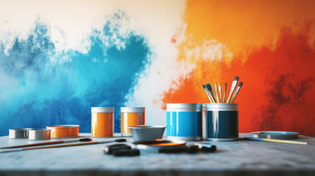 An artistic setup featuring paint cans and brushes on a wooden table with blue and orange splashes on the wall. Perfect for creativity and design inspiration.の素材