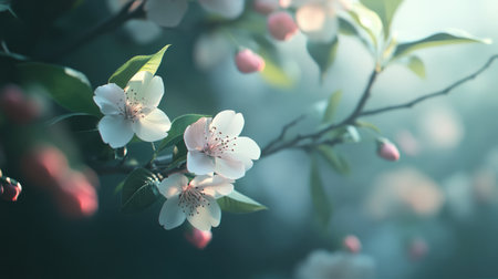 A close-up of cherry blossom flowers with soft pink petals and green leaves, set against a blurred background of a lush, blooming cherry tree.の素材