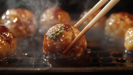 A close-up of a single takoyaki ball being dipped in sauce, with chopsticks poised, emphasizing the deliciousness and texture of this iconic Japanese treat.の素材