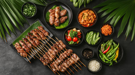 A beautifully arranged barbecue platter featuring grilled skewers, fresh vegetables, and vibrant side dishes, perfect for culinary enthusiasts and food lovers.の素材