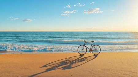 A tranquil scene featuring a bicycle on sandy beach with gentle ocean waves. The vibrant sky and golden hour light create a peaceful atmosphere perfect for relaxation.の素材