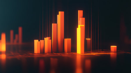 A vibrant, abstract data visualization featuring orange bars with stunning light effects. Ideal for projects related to finance, analytics, and technology.の素材