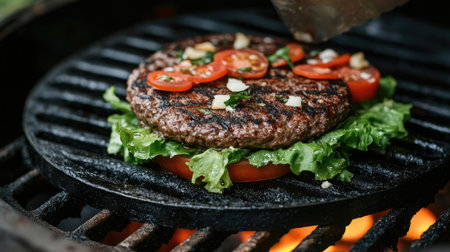 A close-up of a juicy burger being assembled with fresh lettuce, tomato, and cheese, showcasing the vibrant colors and textures of the ingredients on a grill.の素材