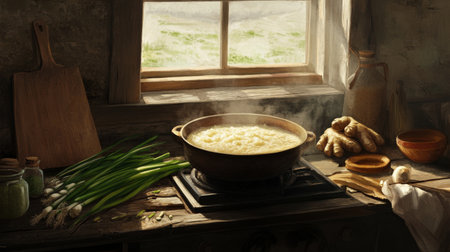 A cozy kitchen scene featuring a steaming pot of soup on the stovetop, surrounded by fresh ingredients like ginger, garlic, and herbs, radiating warmth and nostalgia.の素材