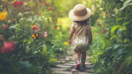 A charming child with a sun hat walks along a stone path in a vibrant garden filled with colorful flowers and fluttering butterflies, embodying pure joy.の素材