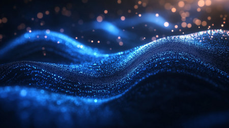 This captivating image features shimmering blue waves with glowing particles creating an enchanting atmosphere. Perfect for artistic backgrounds and designs.の素材