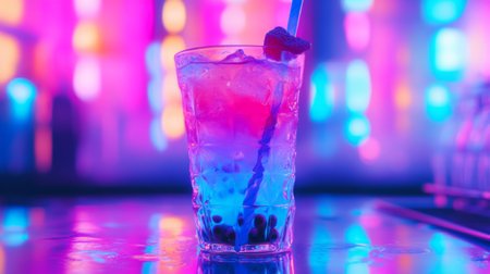 A stunning cocktail with ice and fresh fruits, illuminated by vibrant neon lights. Perfect for capturing the essence of nightlife and celebration.の素材