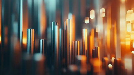 This artistic image showcases abstract metallic structures illuminated by warm lighting, creating a mesmerizing depth and colorful shimmer for modern design themes.の素材