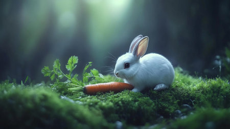 A charming white rabbit sits on soft moss, nibbling a fresh carrot in a serene forest setting. This delightful scene captures the beauty of nature and innocence.の素材