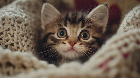 A close-up of a playful kitten with big, bright eyes and a tiny pink nose, gazing curiously from a soft, knitted blanket.の素材