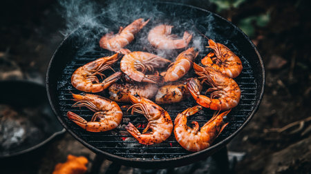 Juicy grilled shrimp sizzling over a barbecue grill, infused with smoky flavors and garnished to perfection, ideal for summer gatherings and outdoor meals.の素材