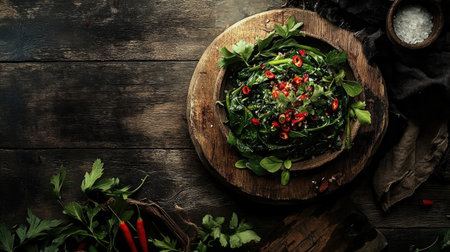 A beautifully arranged dish of stir-fried water spinach on a rustic wooden table, garnished with fresh herbs and chili, emphasizing the dish's vibrant colorsの素材
