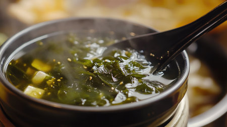 A close-up of a ladle filled with rich, steaming seaweed soup, with strands of seaweed and tofu visible, showcasing the dish's texture and inviting aroma.の素材