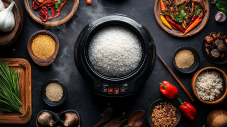 A steaming pot of rice in an electric cooker with vibrant fresh ingredients surrounding it. Ideal for showcasing culinary preparation and home cooking.の素材