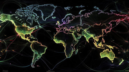 A stunning abstract world map featuring colorful light trails over a black background. The design symbolizes connectivity and travel, perfect for modern themes.の素材