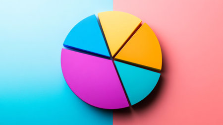 This vibrant pie chart on a split pastel background represents data analysis and business insights. Perfect for presentations, marketing materials, and educational content.の素材