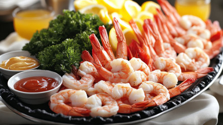 A vibrant shrimp platter featuring fresh shrimp, garnished with lemon and herbs. Perfect for gatherings, parties, or elegant dining experiences.の素材
