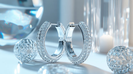 An exquisite pair of silver hoop earrings adorned with sparkling diamonds, showcased elegantly against a soft background. Perfect for fashion, jewelry, and luxury themes.の素材