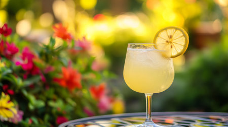 This image features a refreshing lemonade cocktail in a stylish glass, garnished with a lemon slice. The vibrant floral background adds a cheerful, summery touch to the scene.の素材