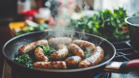 Juicy sausages cooking in a pan with fresh herbs, creating a mouthwatering aroma. The steam rises as delicious flavors blend in a cozy kitchen setting.の素材