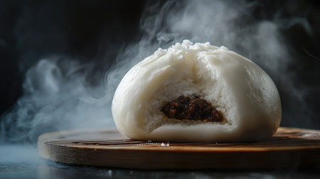 A close-up of a half-opened bao bun revealing its rich filling, with steam rising, capturing the enticing aroma and inviting texture that makes it irresistible.の素材
