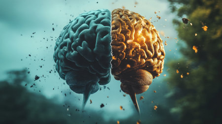 This captivating image depicts a split brain design, symbolizing the dual aspects of thought and creativity. The contrasting colors enhance its surreal and artistic appeal.の素材