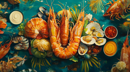 A stunning seafood platter featuring vibrant shrimp and shellfish, showcasing a feast rich in colors and textures, perfect for culinary enthusiasts and seafood lovers.の素材