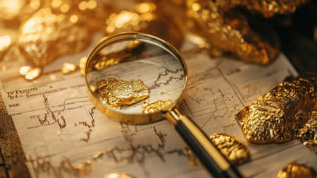 A close-up of a printed gold price chart with historical data and price fluctuations, with a magnifying glass highlighting specific trends and figures.の素材