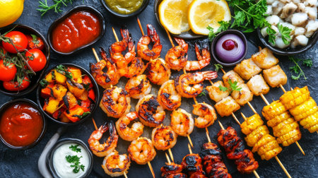 A vibrant assortment of grilled shrimp skewers served with vegetables, sauces, and garnishes. Perfect for outdoor gatherings and summer parties.の素材