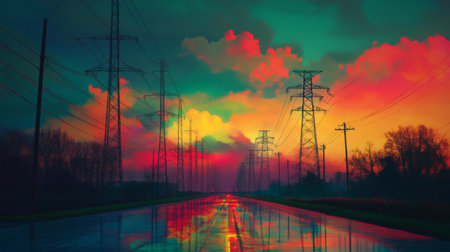 A stunning sunset illuminates a rural road lined with power lines. The colorful sky creates vibrant reflections on the wet pavement, enhancing the serene atmosphere.の素材