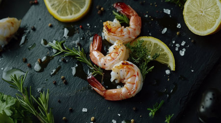 This image showcases fresh shrimp beautifully arranged with lemon slices and herbs on a textured black slate surface, emphasizing culinary creativity.の素材