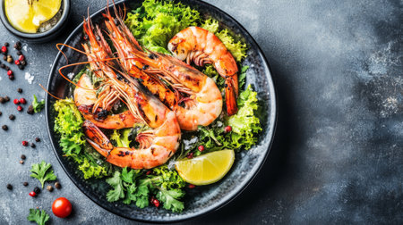 A beautifully arranged plate of grilled shrimp on fresh greens with a citrus lime garnish. Perfect for culinary presentations, appetizing meals, or healthy dining options.の素材