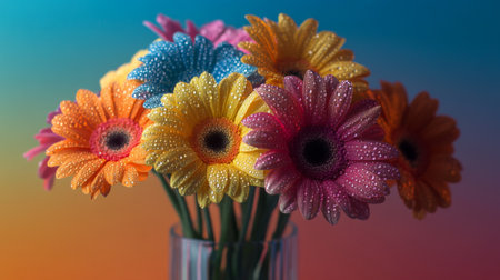 A stunning bouquet of vibrant gerbera daisies showcases an array of colors. The artistic display captures freshness and beauty in a bright setting.の素材